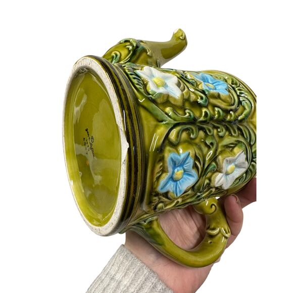 VTG Lefton Teapot Geo Z Floral Green Hand Painted Blue White Flower‎ Garden Read - Picture 9 of 14
